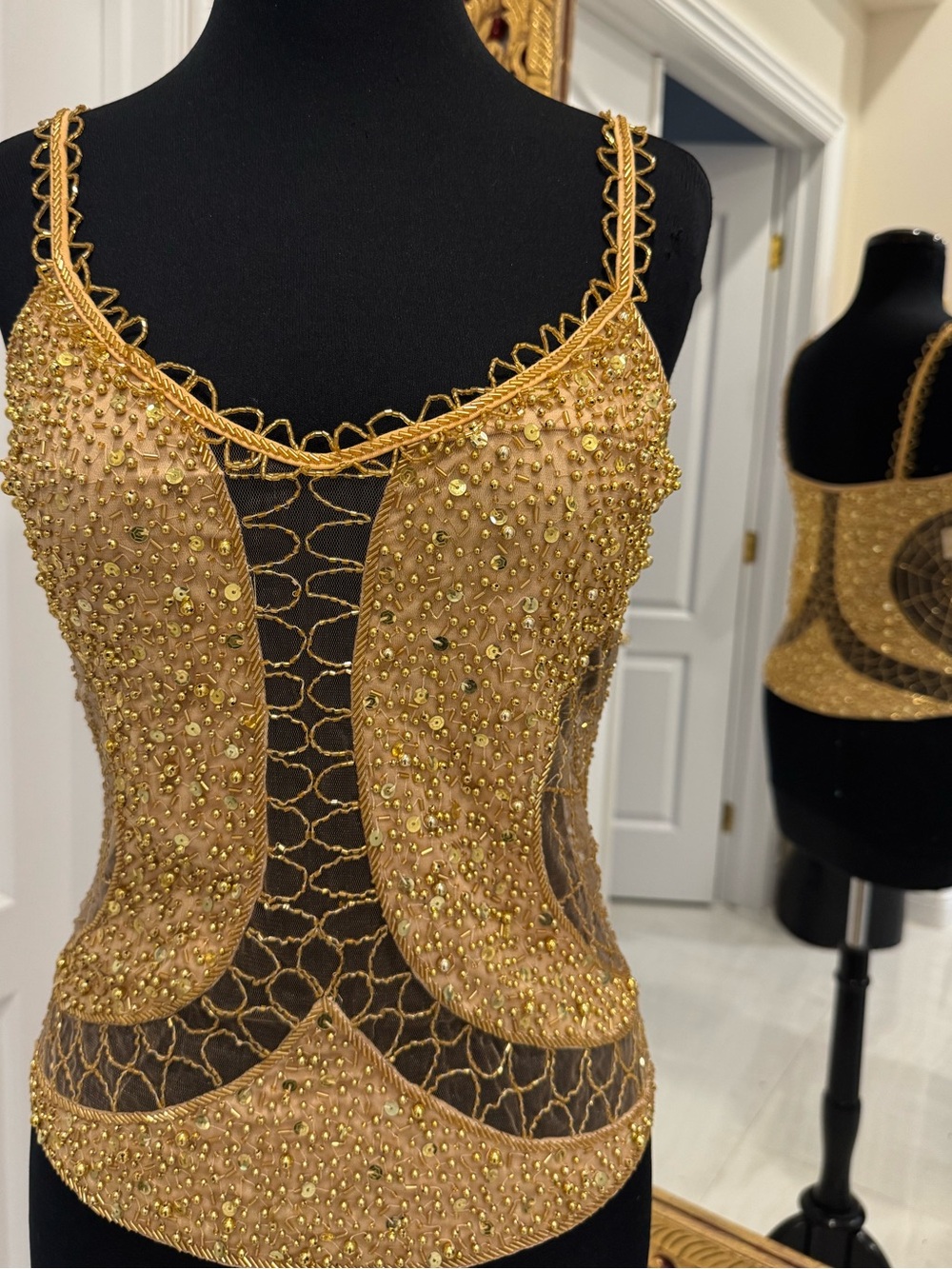 Hand beaded Gold stretch Mesh Camisole- Attitudes by Debra